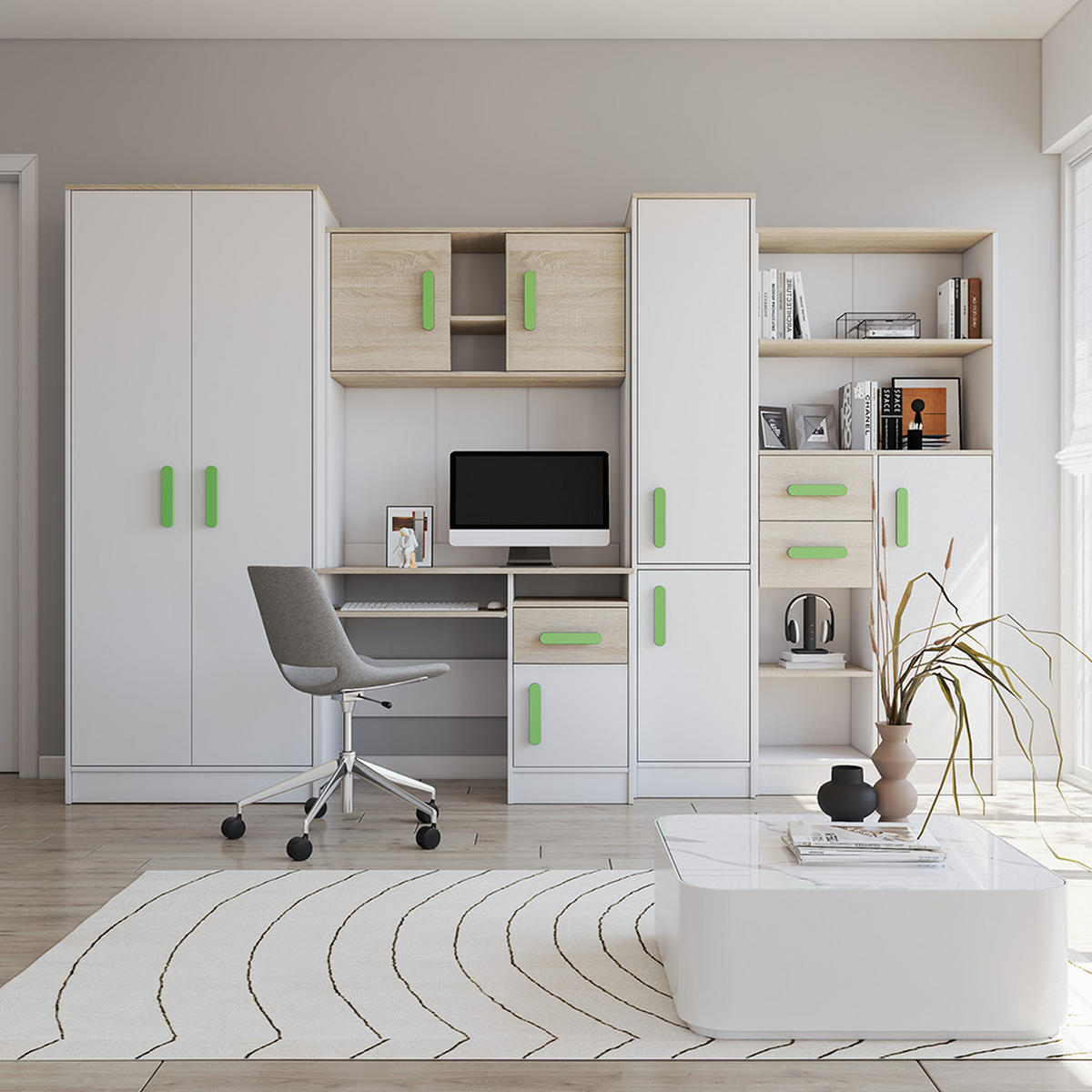 WOHNWAND Markus Weiß Sonoma Eiche mit griffenfarbe: Limette - Limette/Weiß, Holzwerkstoff (300/197/52cm) - imoebel24