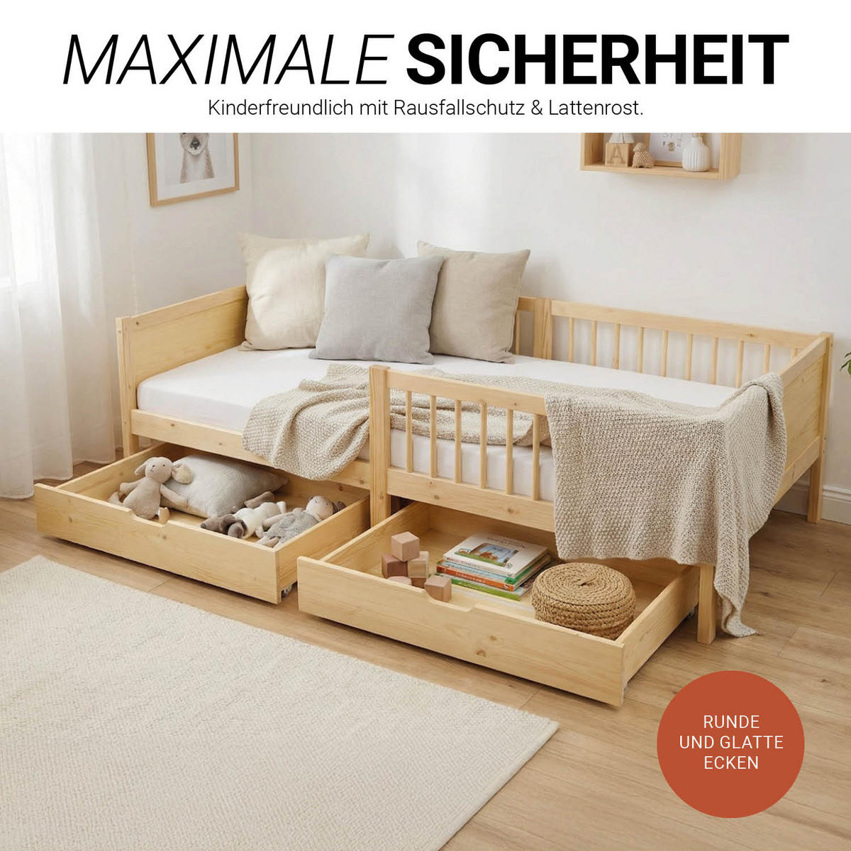 KINDERBETT Natur 90/200 2 Bettkästen Rausfallschutz - Naturfarben, Holz (90/200cm) - Homestyle4u