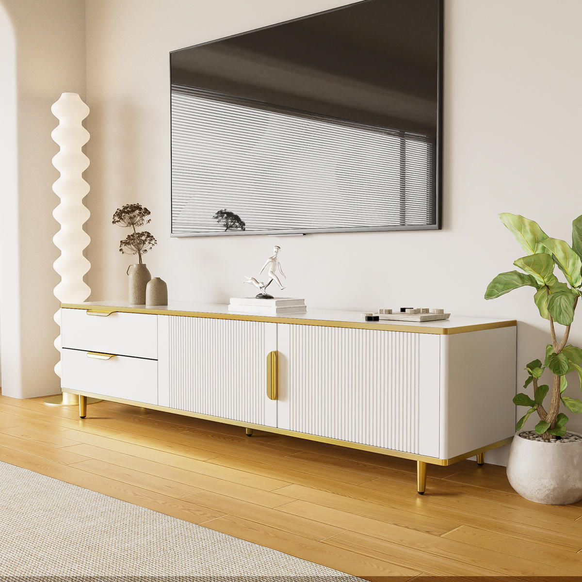TV-SCHRANK mit 2 Schubladen 170 x 37 x 45 cm Weiß Gold - Weiß, Holzwerkstoff (37/45/170cm) - Beauniv