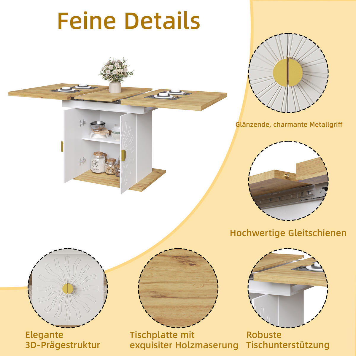 AUSZIEHTISCH 110/70/76 cm Weiß mit Stauraum MDF Tisch mit Sonnen-Relief - Weiß, Holzwerkstoff (110/70/76.5cm) - OKWISH