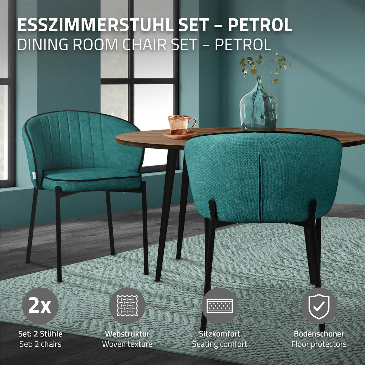 JÍDELNÍ ŽIDLE, sada 4 ks, petrolejová - černá/petrolejová, kov/textil (60/75/59cm) - ML-DESIGN