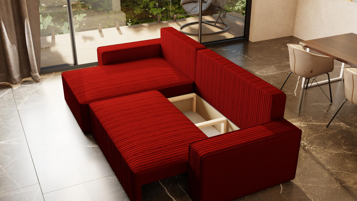ECKSOFA Tobi mit Bettkasten und Schlaffunktion, L-Form/XL-Form, Cordstoff, Universal - Rot, Holzwerkstoff (276/145cm) - 4ALL HOME