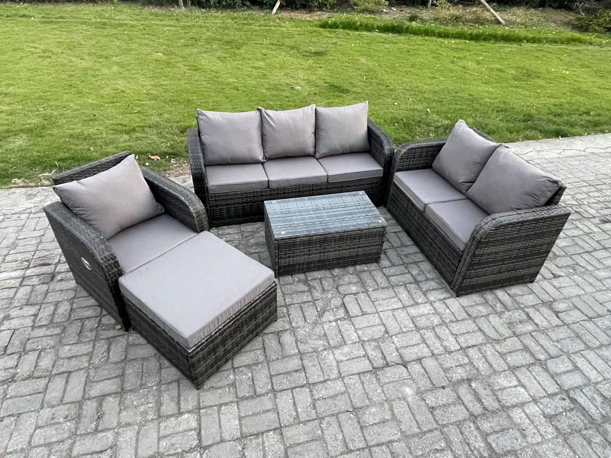 GARTENSET Polyrattan Dunkelgrau 7-Sitzer - Dunkelgrau/Grau, Glas/Kunststoff - Fimous