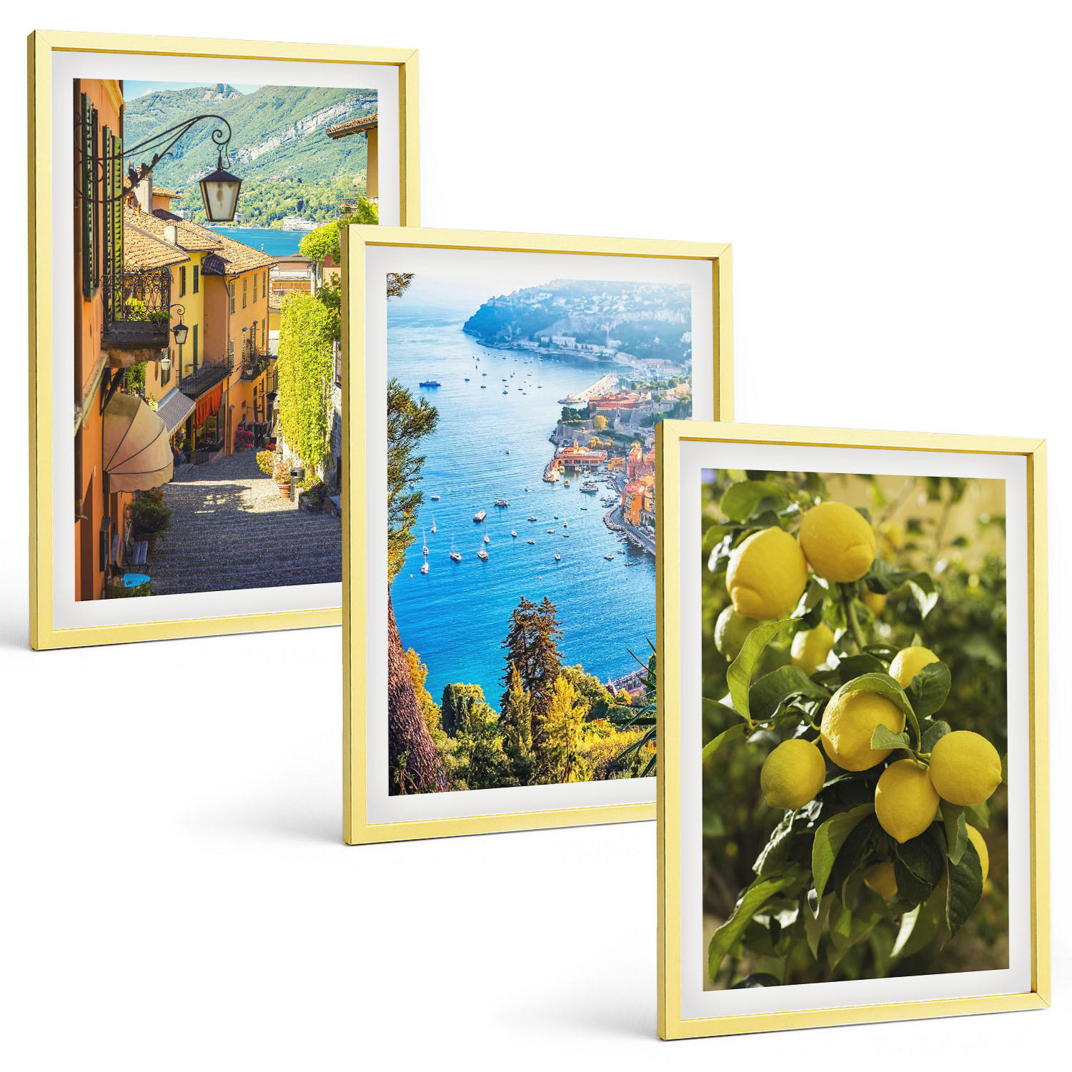 BILDER SET 3er Set - 40x60 cm Goldrahmen - Straßen am Meer, ein Meer aus Zitronen - Goldfarben, Kunststoff (40/60cm) - TULUP