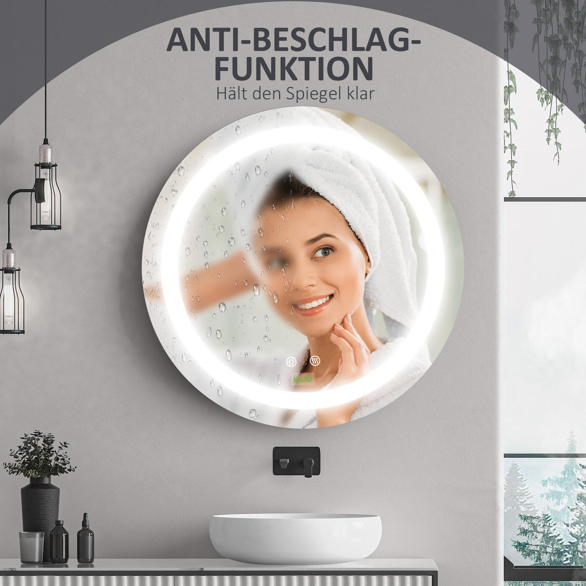 BADEZIMMERSPIEGEL, Ø50 cm, mit LED Beleuchtung, Anti-Beschlag, IP44 - Silberfarben, Glas (50/4.6/50cm) - Kleankin