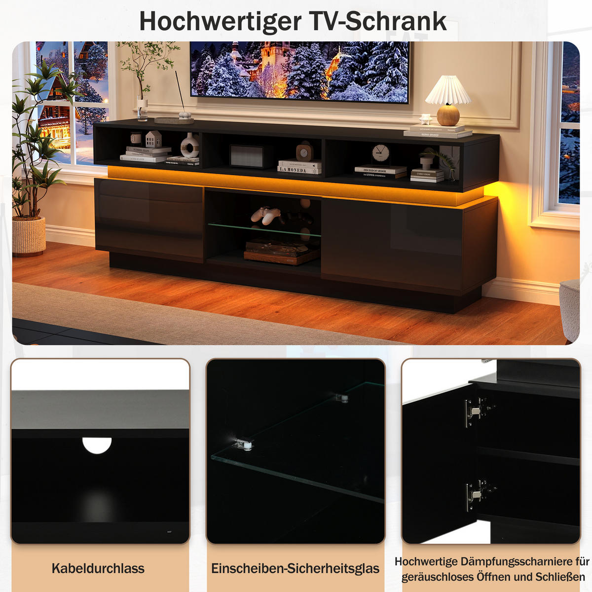TV-LOWBOARD 160x35x60 cm Schwarz Hochglanz LED MDF 60" TV - Schwarz, Holzwerkstoff (35/60/160cm) - FLIEKS