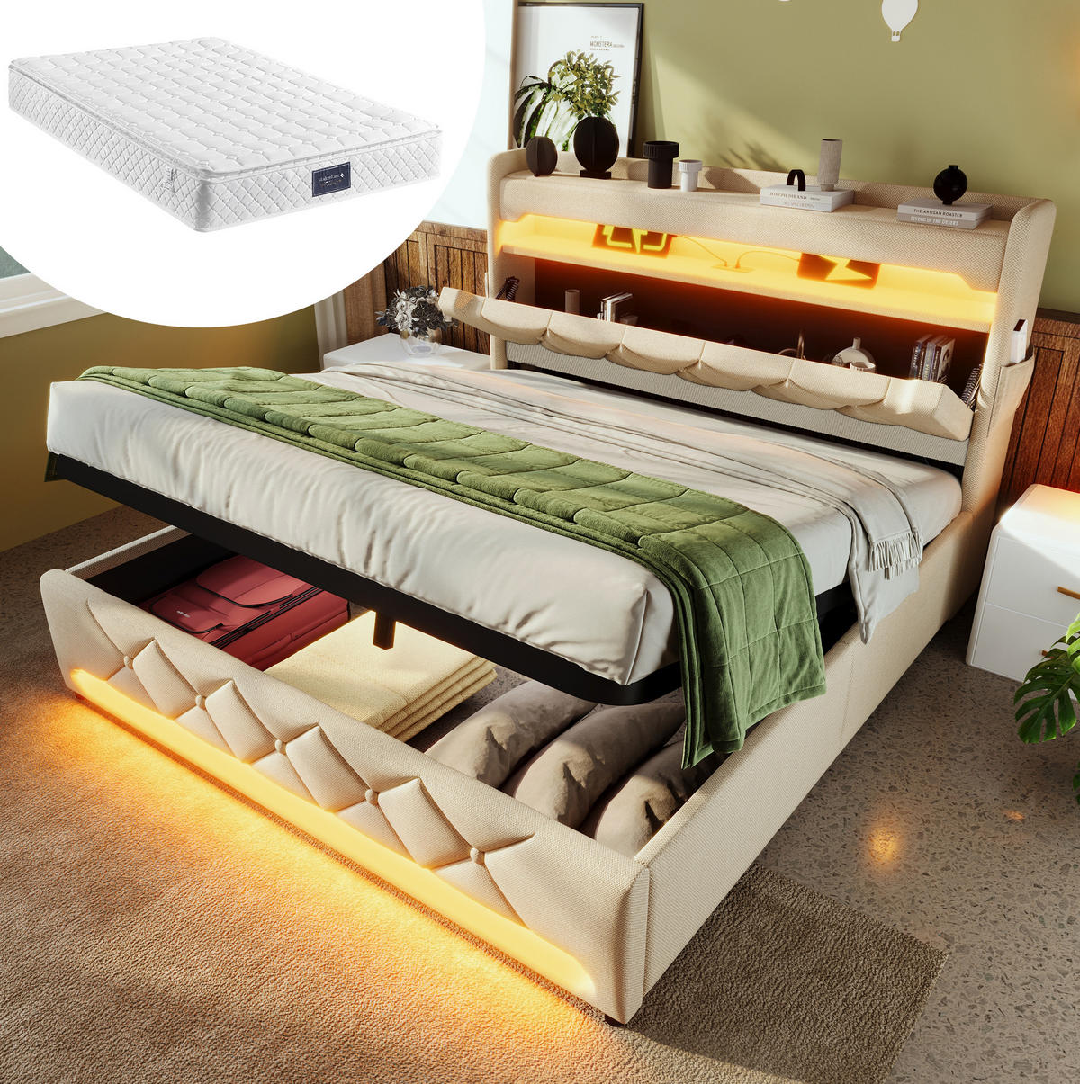 POLSTERBETT 140/200 cm Beige aus Leinen mit Stauraum und LED - Beige, Textil (140/200cm) - OKMYHOME