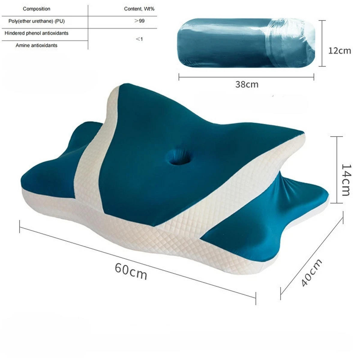 NACKENKISSEN ，Ergonomisches , 60x40x14cm - Petrol, Textil (60/40cm)