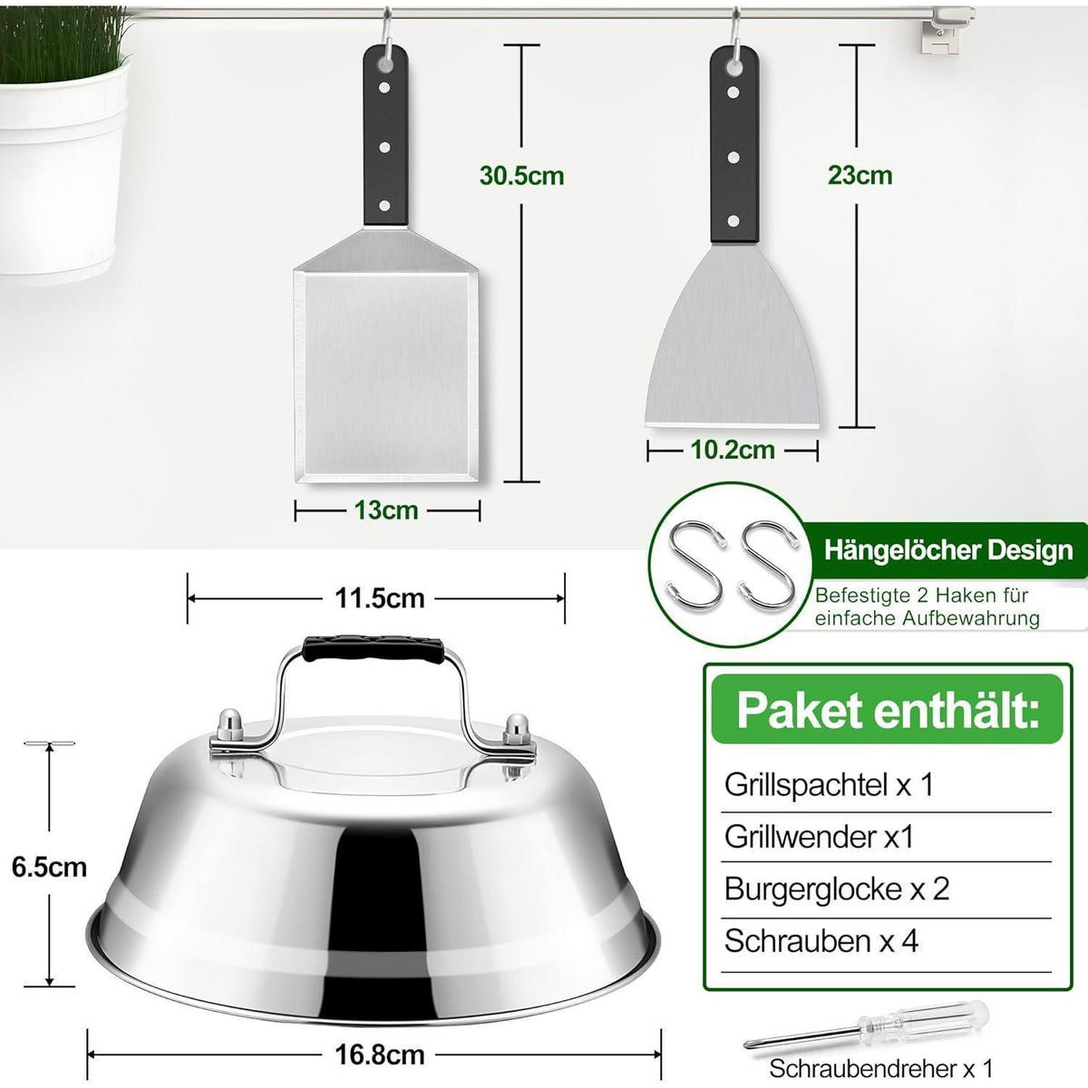 GRILLSPACHTEL mit Burgerglocke 4er Set - Silberfarben, Metall (16.8/13/30.5cm)