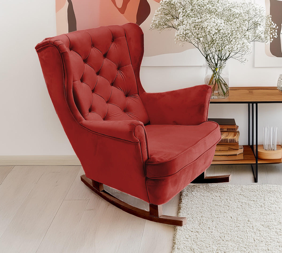 SCHAUKELSESSEL mit gepolstertem Sitz und Armlehnen, 102x81x95 cm, Burgunderrot_29834 - Braun/Dunkelrot, Holz/Textil (81/102/95cm) - DomoHome