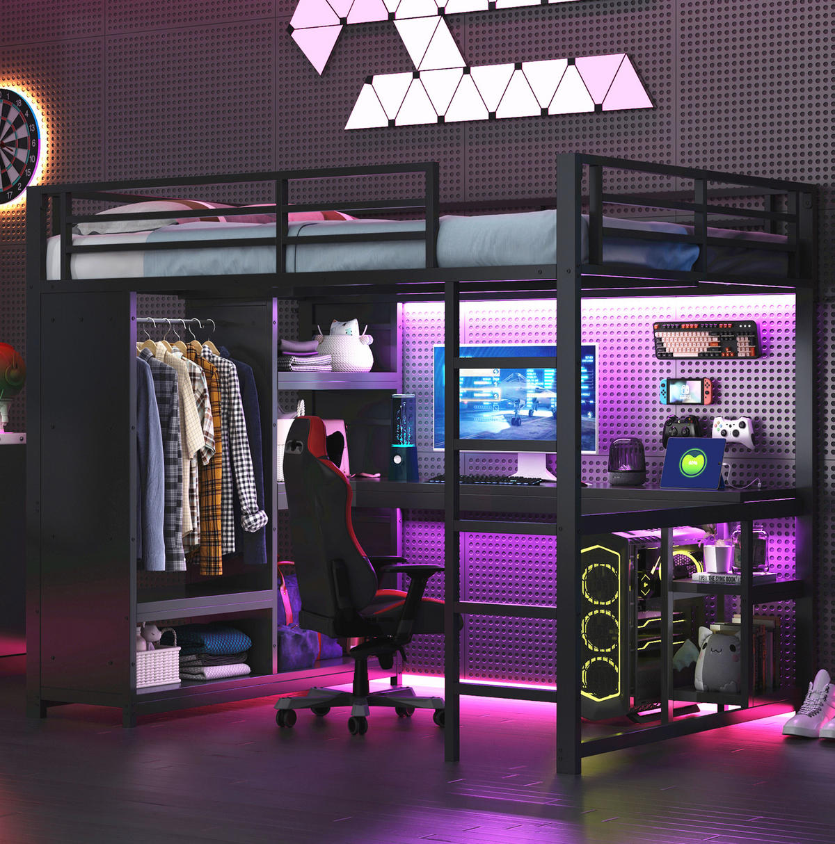 HOCHBETT mit Schreibtisch 140/200 cm in Schwarz – Metall mit Kleiderschrank und LED - Schwarz, Metall (140/200cm) - BEAOK