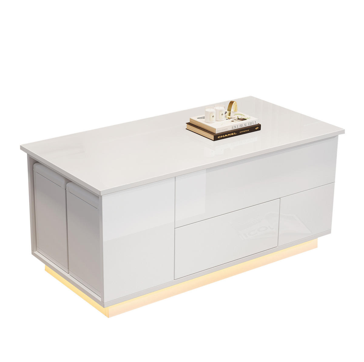 COUCHTISCH 100/50/45 cm mit LED-Beleuchtung und höhenverstellbarer Tischplatte, Weiß - Weiß, Holzwerkstoff (100/50/45cm) - Flora Grace