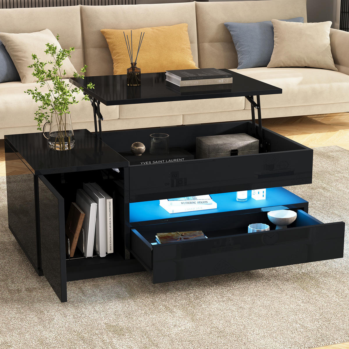 COUCHTISCH 95/50/40 cm schwarz aus Spanplatte mit LED und Stauraum - Schwarz, Holzwerkstoff (95/50/40cm) - OKMYHOME
