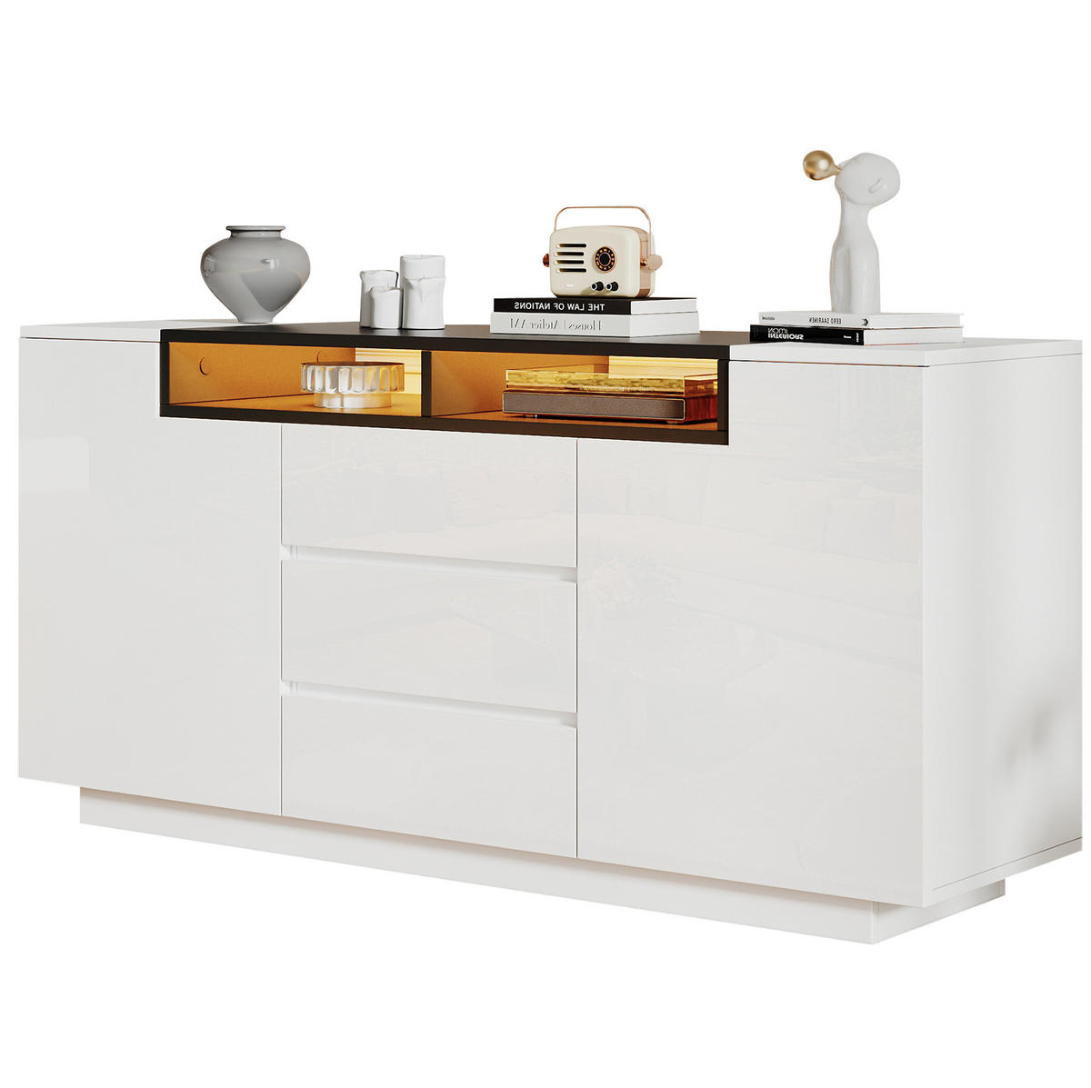 SIDEBOARD 140/40/68 cm mit 2 Türen, 3 Schubladen & LED, Weiß/Schwarz - Weiß, Holzwerkstoff (140/68/40cm) - BEAOK