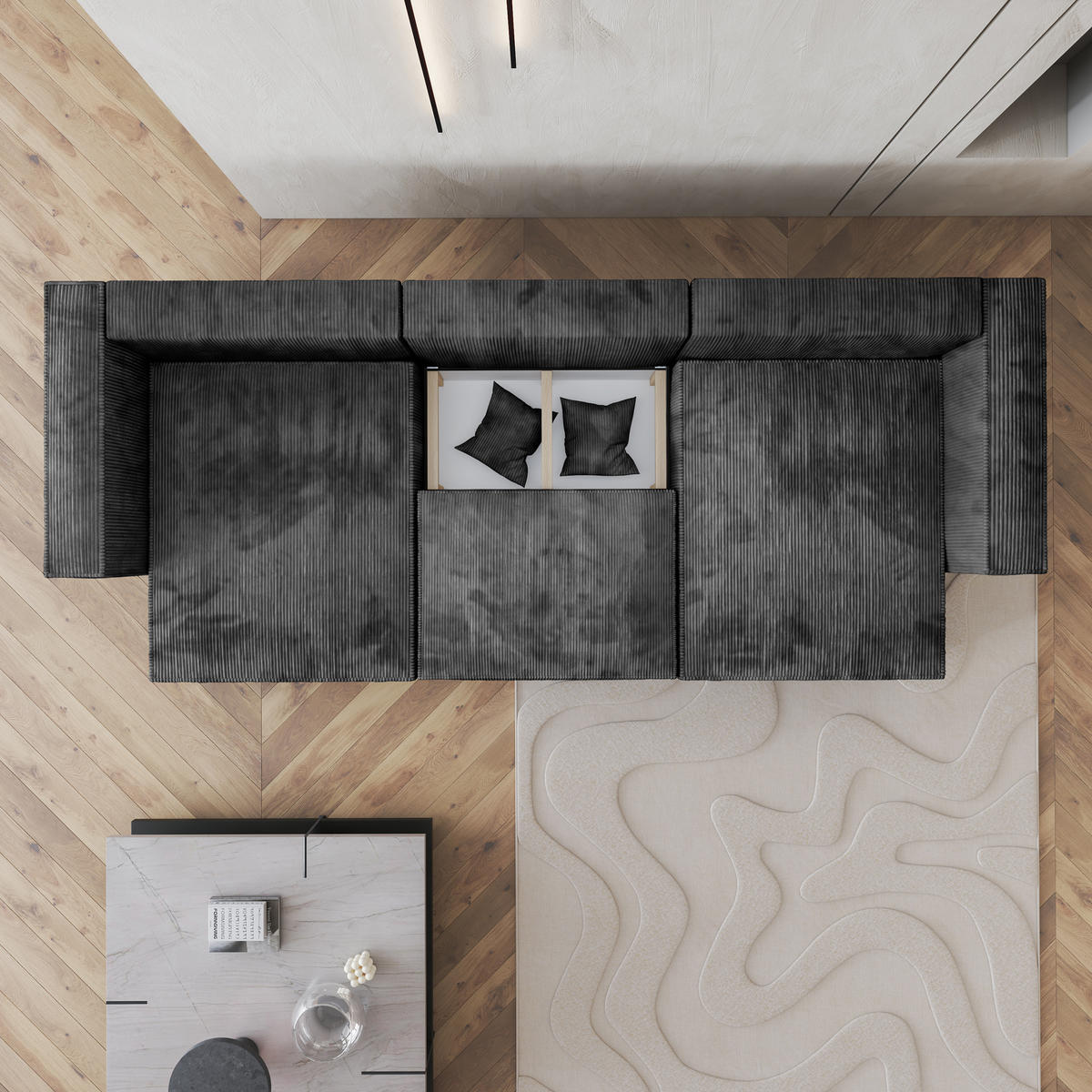 WOHNLANDSCHAFT SARMO P Graphitfarben Kordstoff mit Schlaffunktion - Graphitfarben, Holz (347/70/148cm) - MASSENO