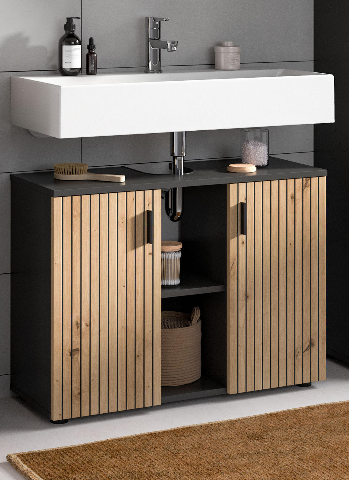 WASCHBECKENUNTERSCHRANK Eiche Artisan, grau 80 cm, Badezimmer Unterschrank mit Rillen-Optik - Schwarz/Eiche Artisan, Holzwerkstoff/Kunststoff (80/59/30cm) - Inn.Furn