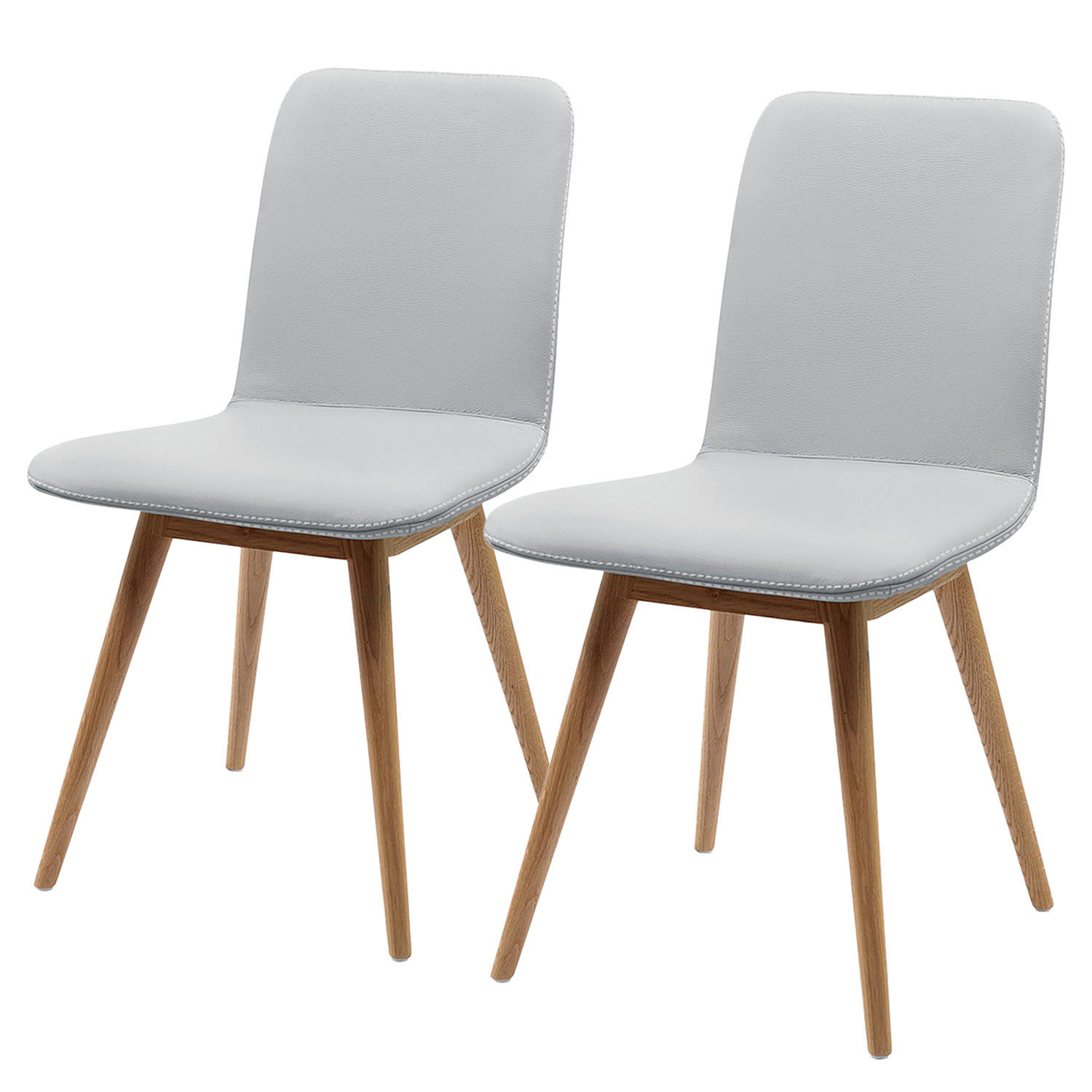 POLSTERSTUHL - Eiche massiv / Echtleder, 2er-Set - Hellgrau, Leder (45/85/60cm) - home24