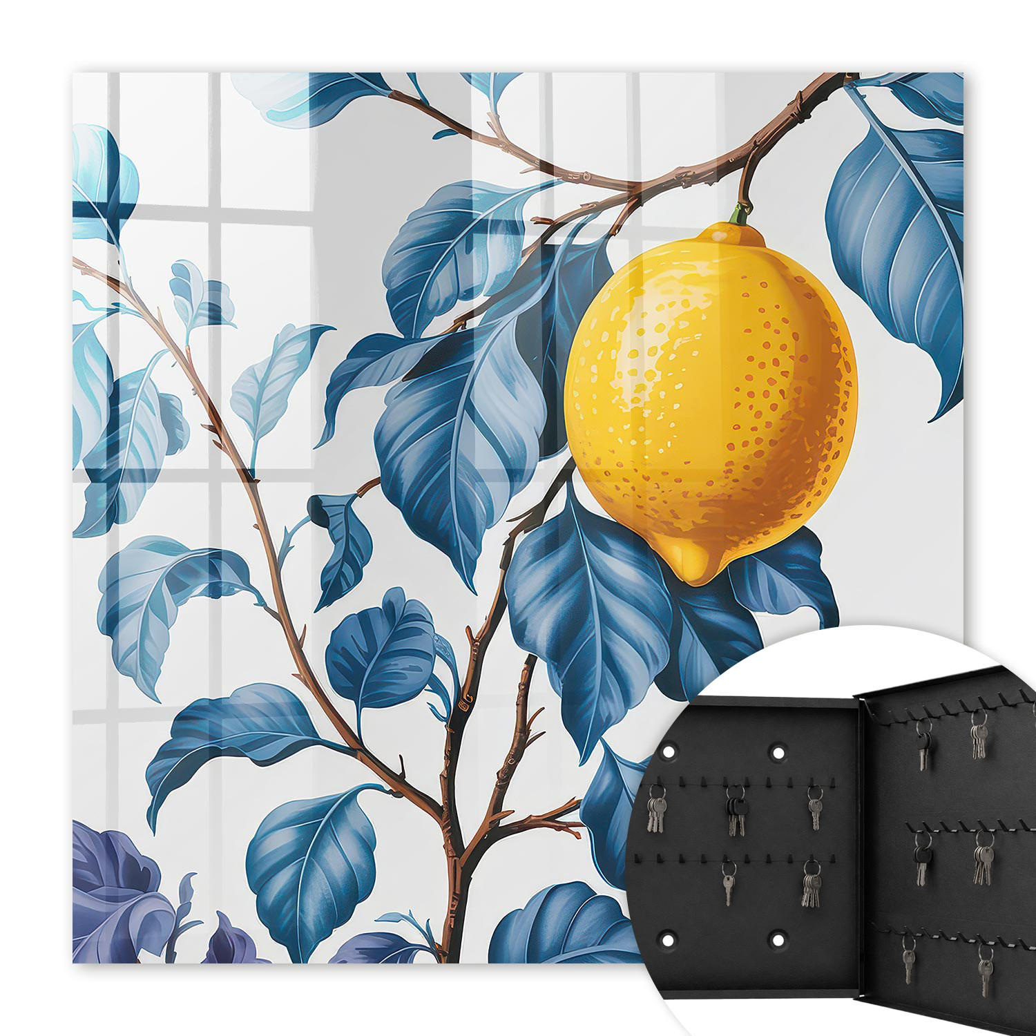 SCHLÜSSELBOX Schwarz 30x30 cm- Türöffnung nach rechts - Zitronenblätter - Blau, Metall (30/30/5cm) - TULUP