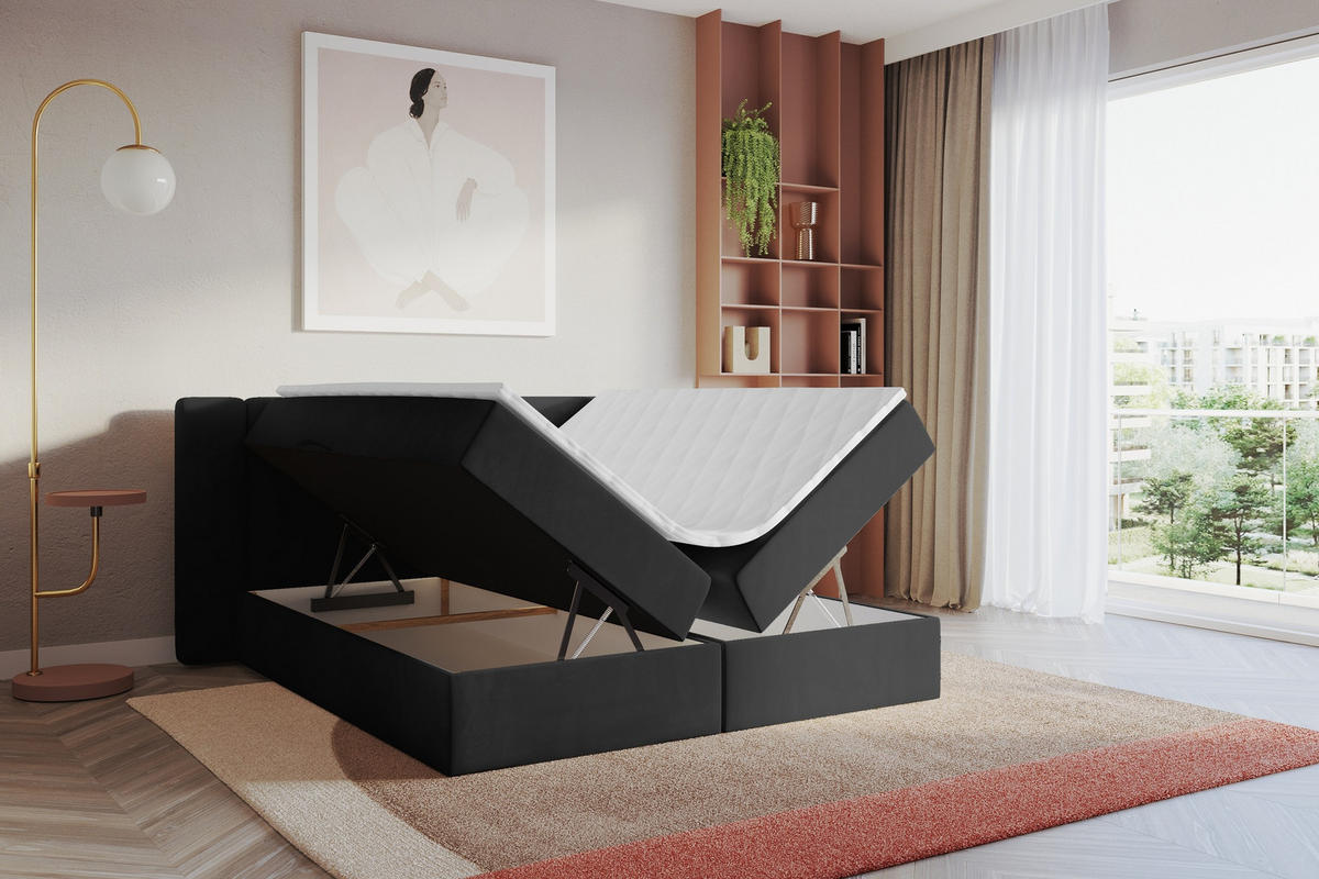 BOXBETT mit Matratze H3 - EVON - 140x200 cm Schwarz - Schwarz, Holzwerkstoff (140/200cm) - ALTDECOR