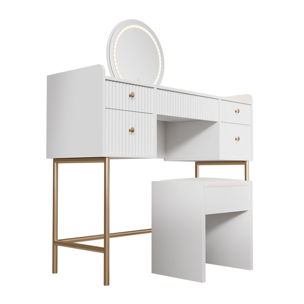 SCHMINKTISCH Samira weiß/gold mit Touch-LED-Spiegel und Hocker Melly - Weiß, Holz (115/137/40cm) - Juskys
