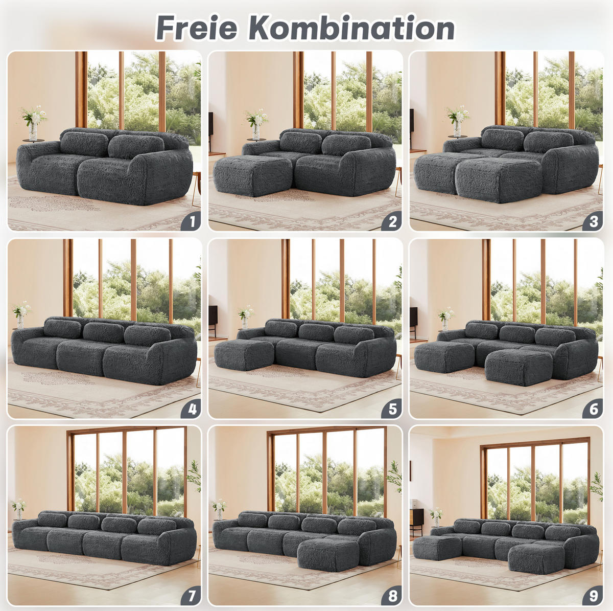 2-SITZER Sofa aus Plüschstoff, rahmenlos und modular mit Kissen, Grau - Grau, Textil (204/73/104cm) - Redom