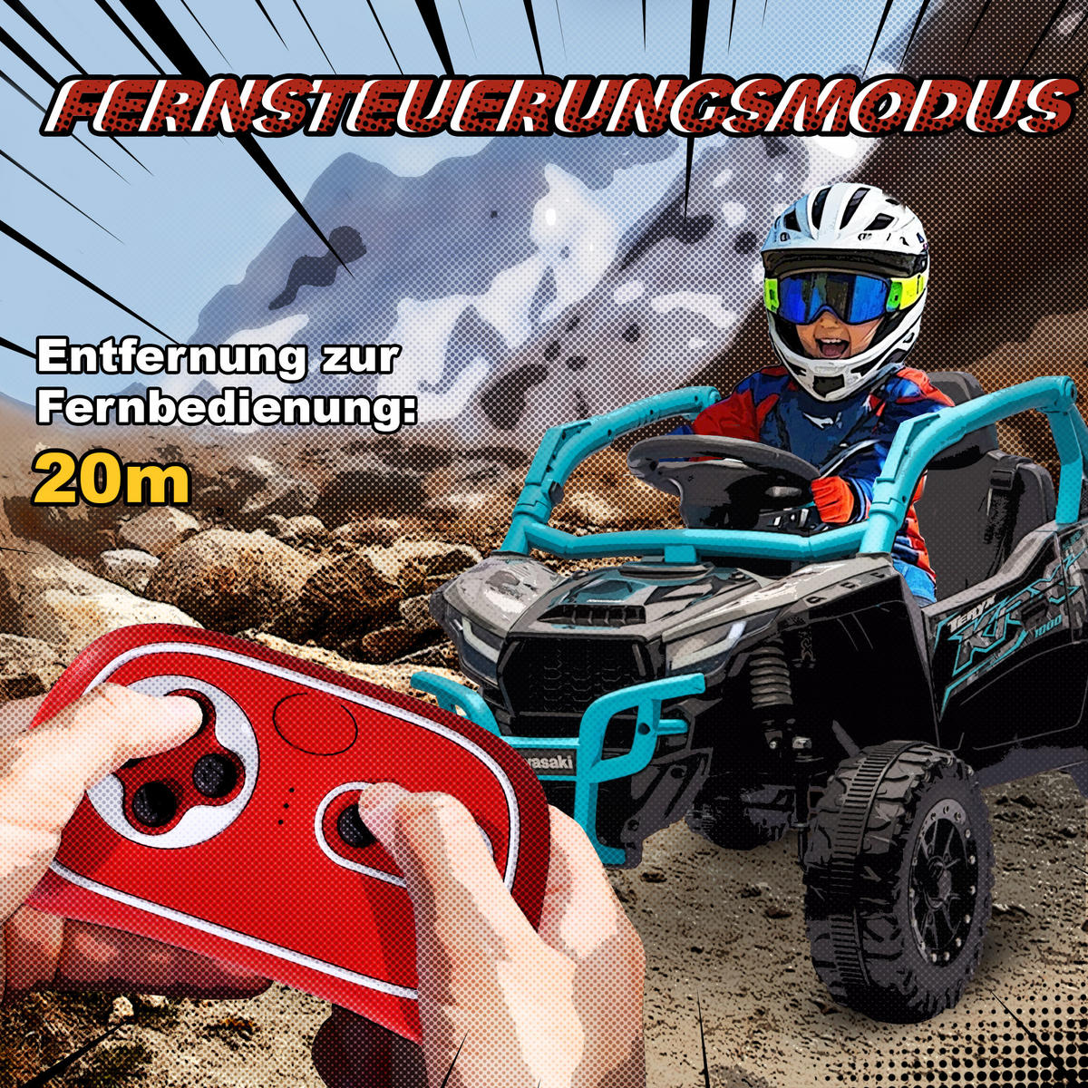 KINDER-ELEKTROAUTO 12V mit 2 Motoren Fernbedienung und LED-Leuchten - Blau, Kunststoff (100/64/56cm) - AIYAPLAY