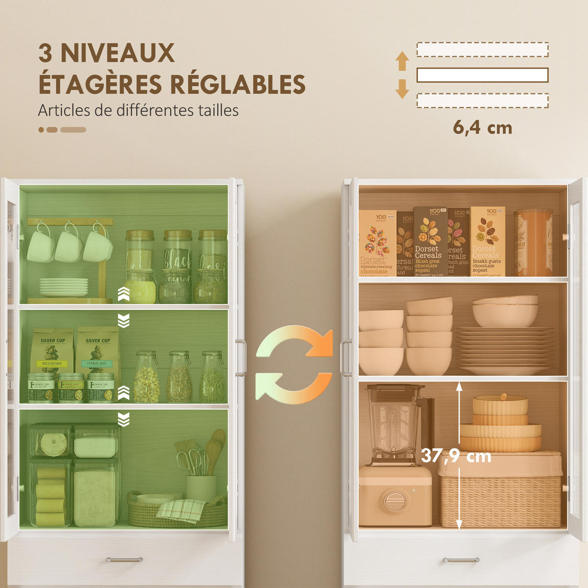 HIGHBOARD DE-11261 2 Glastüren & Schublade mit verstellbaren Böden Weiß - Weiß, Holzwerkstoff (35/180/60cm) - ComfortXL
