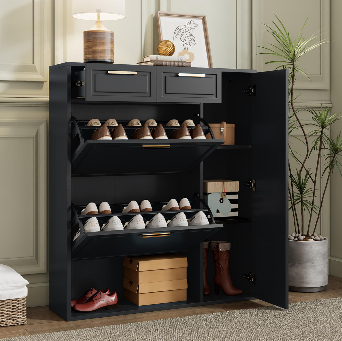 SCHUHSCHRANK aus Spanplatte & MDF 95x24x107.5cm in Schwarz mit Schubladen - Schwarz, Holzwerkstoff (95/107.5/24cm) - Modfu
