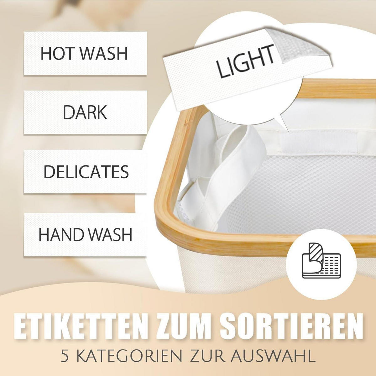 WÄSCHEKORB mit Deckel 145L 3 Fächer Beige - Beige, Textil (37/69/57cm)