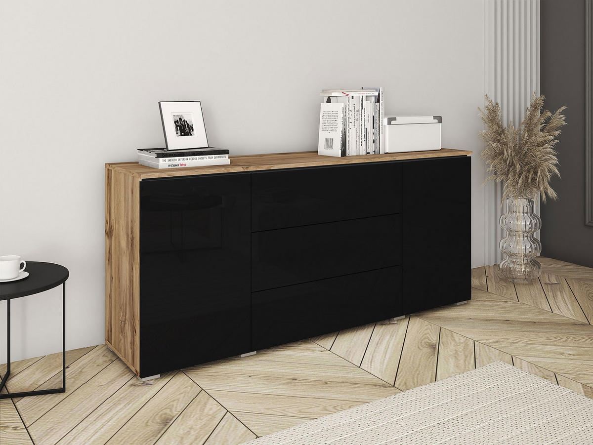 SIDEBOARD Vera 150 - Schwarz Hochglanz/Eiche Wotan, Holzwerkstoff (150/66/40cm) - MIRJAN24