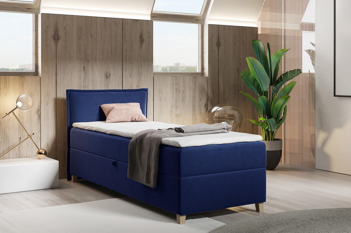 BOXBETT Fren Mini - 90x200 - blau (Kronos 09, Velvet) - Blau/Beige, Holz/Holzwerkstoff (90/200cm) - Sofnet