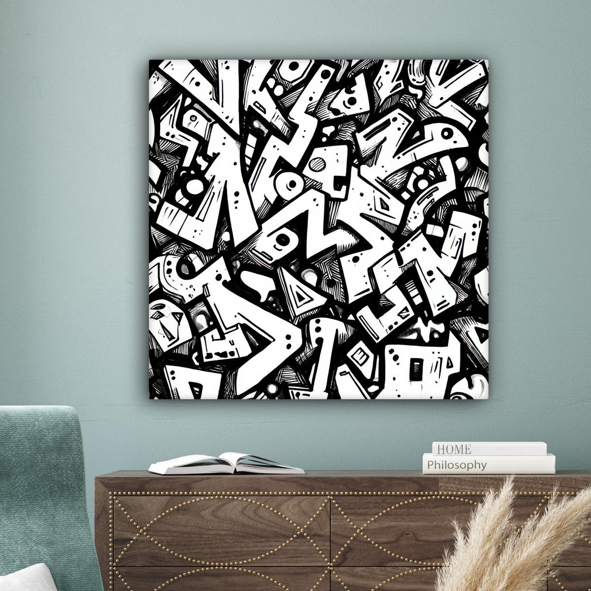 LEINWANDBILD Formen - Buchstaben - Graffiti - Schwarz Deko Groß 90x90 cm - Schwarz, Textil (90/90cm) - MuchoWow