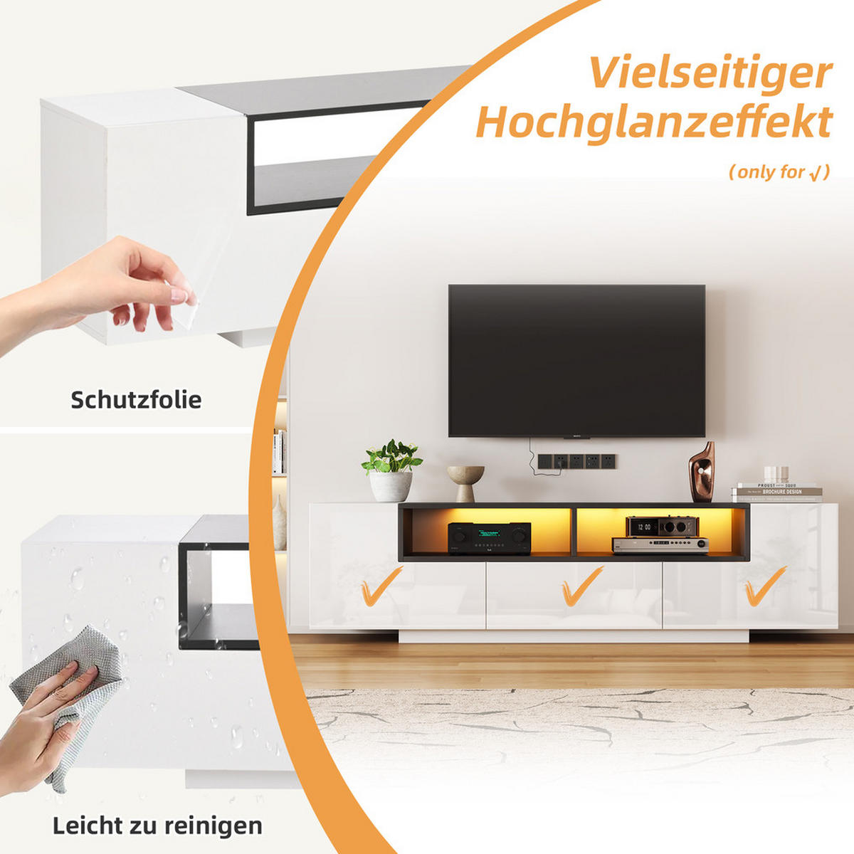 TV-SCHRANK 180x40cm Lowboard L-Form LED-Licht Schubladen Weiß-Schwarz - Weiß, Holz (40/48/180cm) - FLIEKS