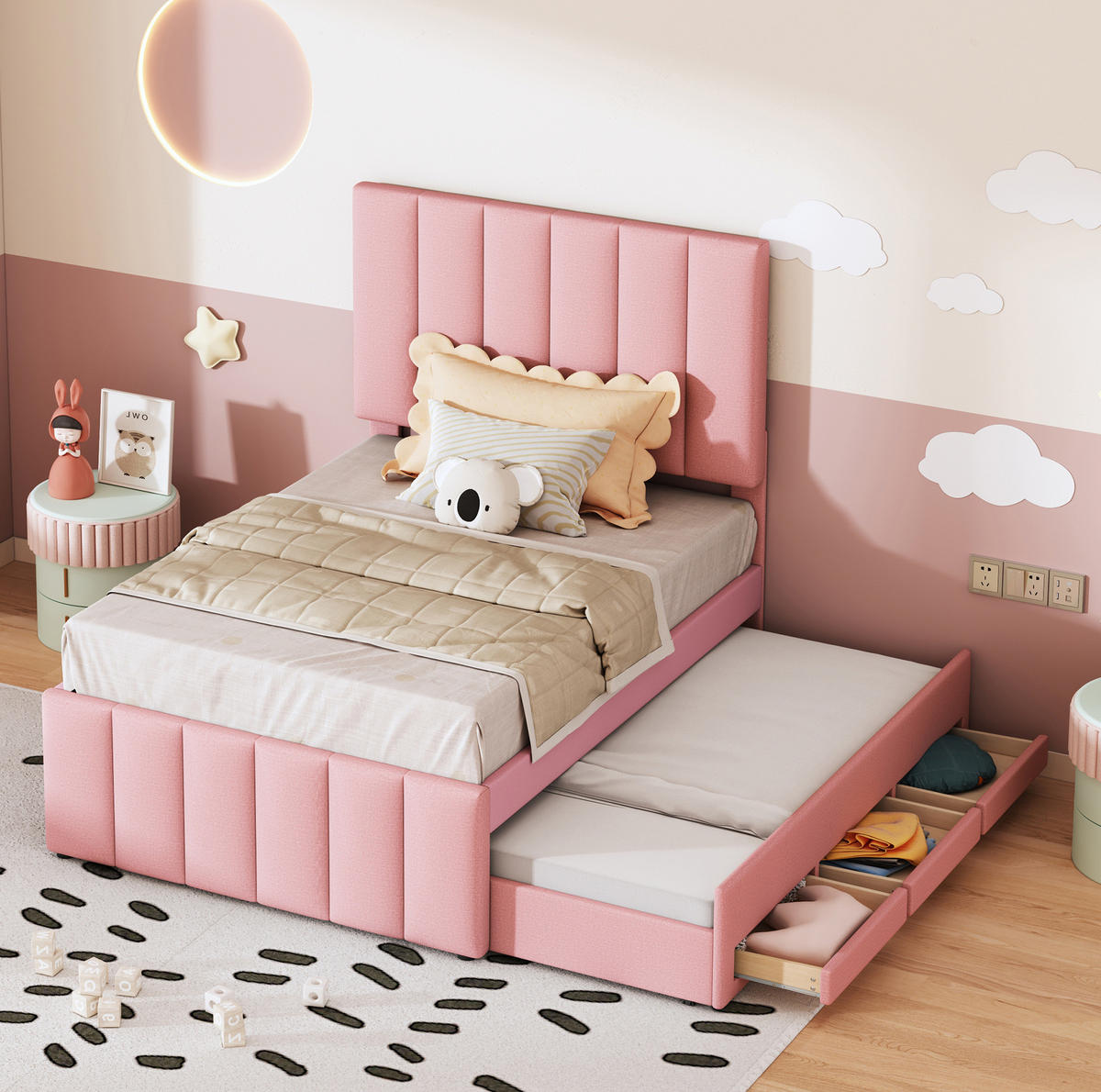 POLSTERBETT 90/200 cm Rosa mit Rollbett, 3 Schubladen & verstellbarem Kopfteil - Pink, Textil (90/200cm) - BEAOK