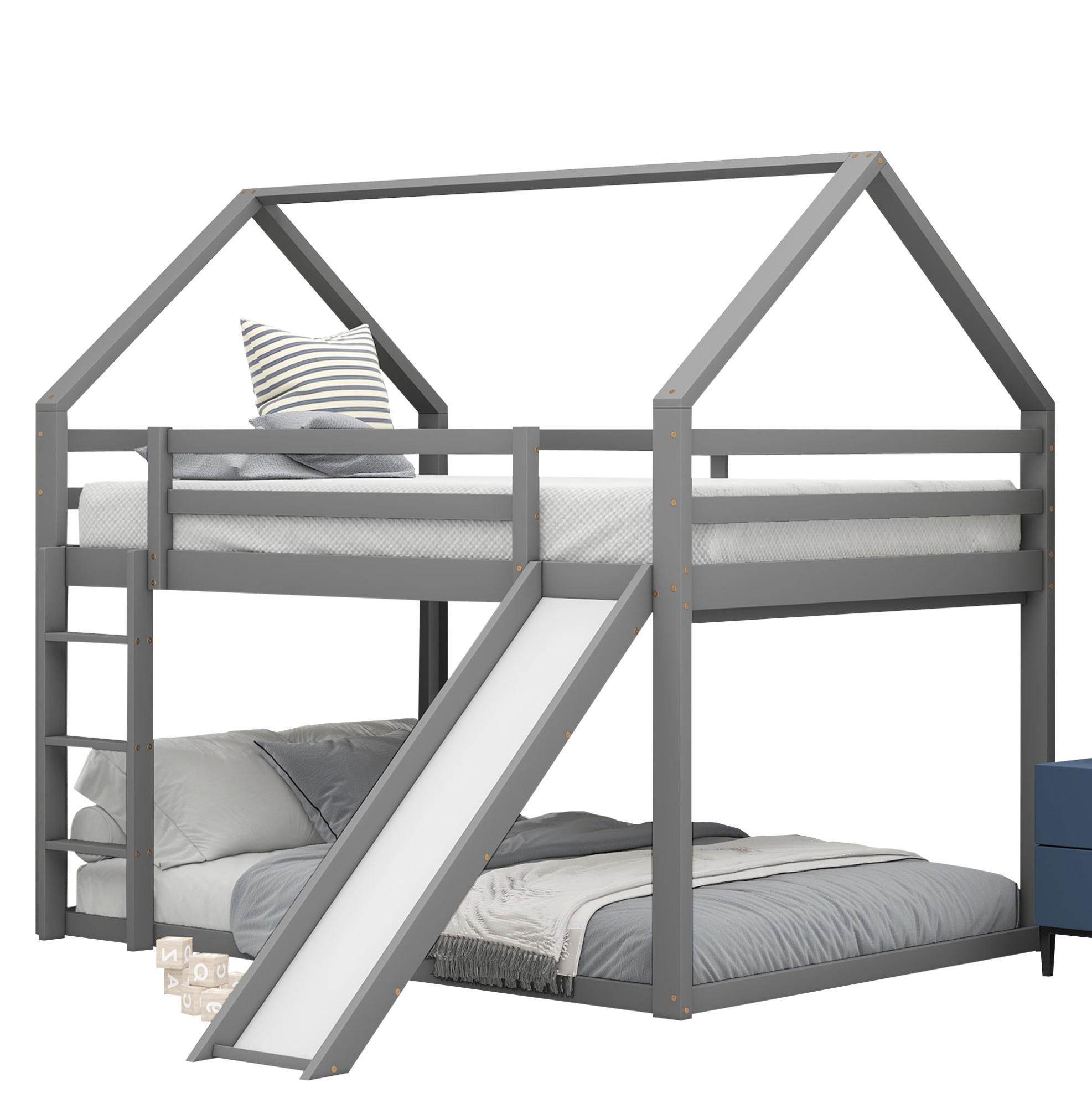 Redom PALANDA 140/200 cm s domečkovým designem, skluzavkou, žebříkem a bezpečnostním zábradlím z borovice a MDF, Šedá