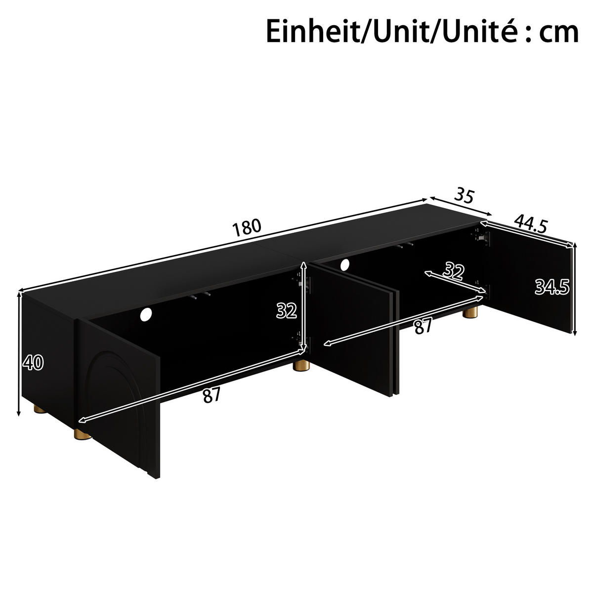LOWBOARD in Schwarz TV-Schrank mit Metallfüße, 180 L/35 B/40H(cm), für Wohnzimmer - Schwarz, Holzwerkstoff/Metall (180/40/35cm) - STILVORA