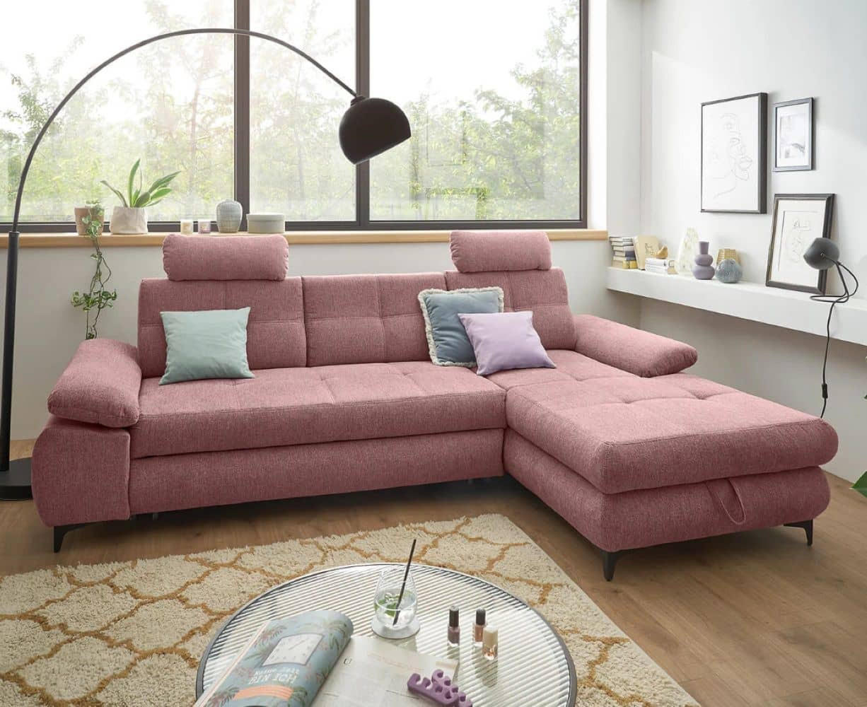 ECKSOFA mit Schlaffunktion und Bettkasten - Schwarz/Rosa, Kunststoff/Textil (177/274cm) - ed exciting design