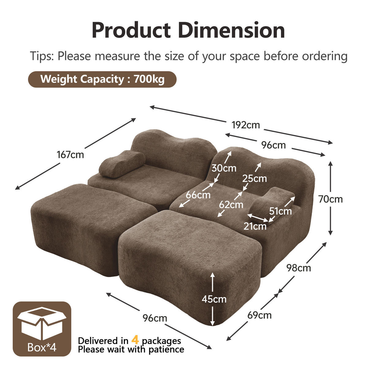 2-SITZER Sofa aus Samt Braun modular mit 2 Hockern, rahmenloses Design und beweglichem Armlehnenkissen - Braun, Textil (192/70/167cm) - Modfu
