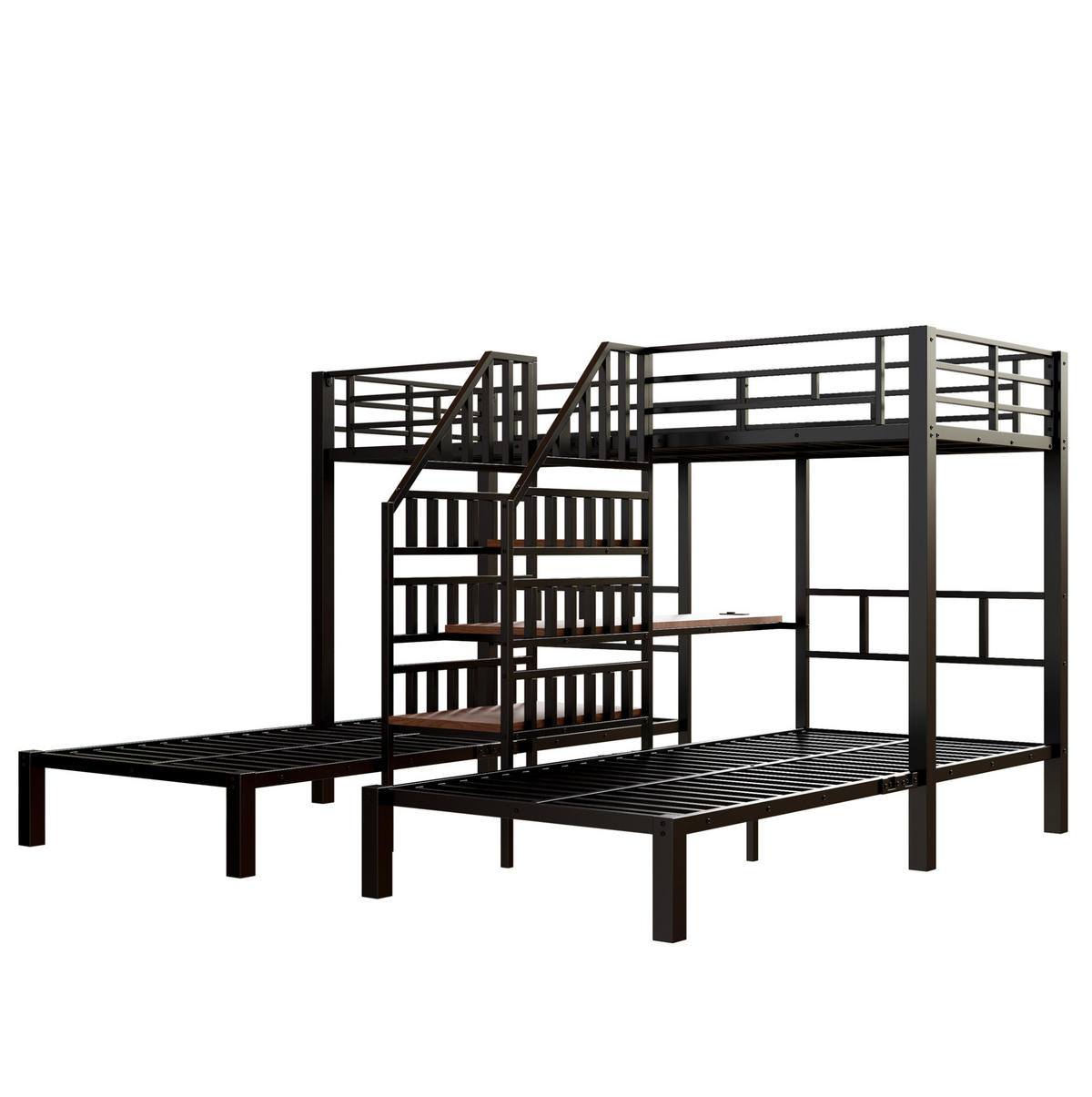 ETAGENBETT 90/200 cm mit 3 Schlafplätzen, LED-Beleuchtung und Schreibtisch - Schwarz, Metall (90/200cm) - BEAOK