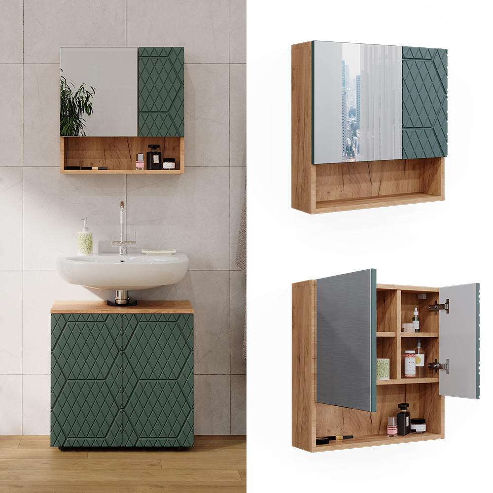 BADSPIEGELSCHRANK Irma Grün/Goldkraft Eiche 54 x 55 cm - Eiche Wotan/Grün, Holzwerkstoff (54/55/16.9cm) - Vicco