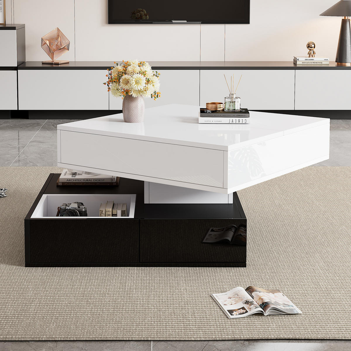 COUCHTISCH 70x70x40 cm Weiß Schwarz Drehbar 3 Schubladen Lift - Multicolor, Holzwerkstoff (70/70/40cm)