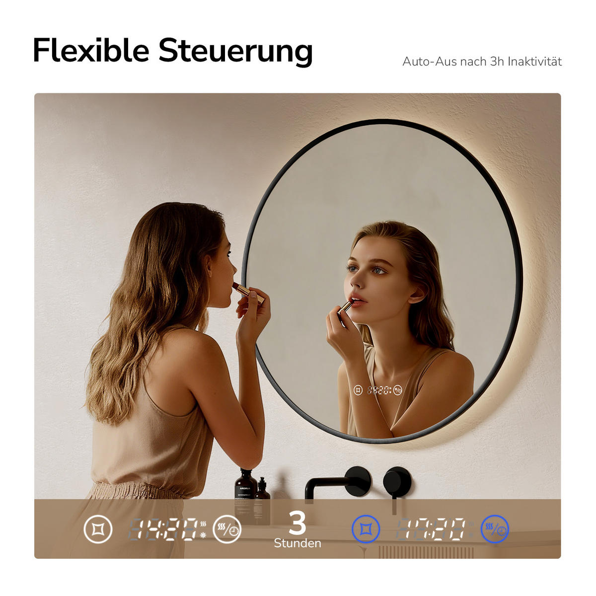 BADSPIEGEL Rund mit Beleuchtung Schwarz ф80 cm - Schwarz, Glas (80/3.1/80cm) - EMKE