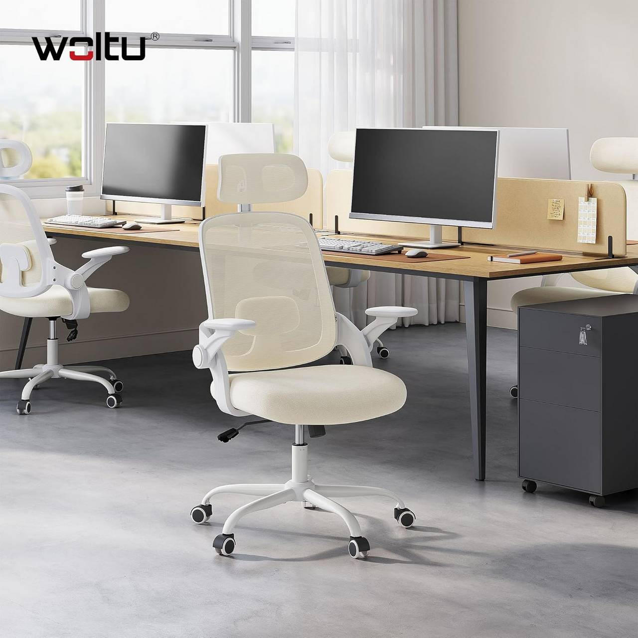 DREHSTUHL mit Wippfunktion, Netzstoff, Beige - Beige, Kunststoff/Textil (63.5/109.5/50cm) - Woltu