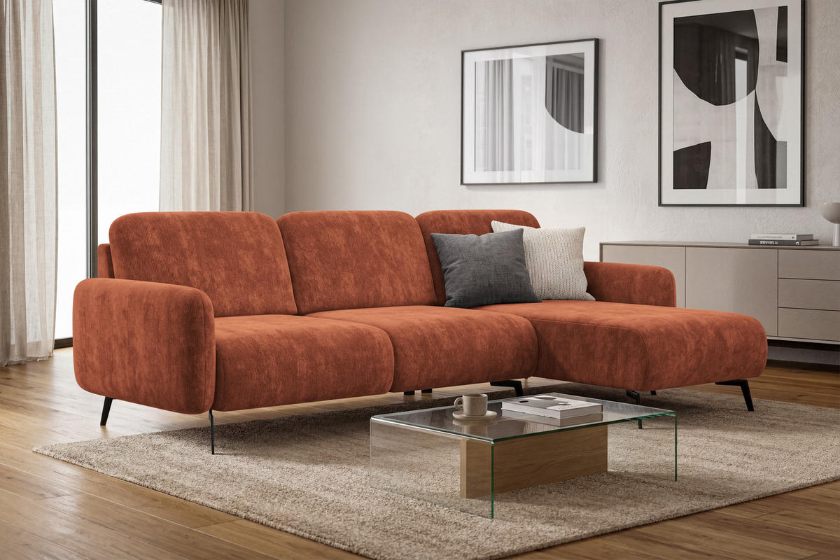 ECKSOFA FEBE 4-Sitzer RECHTS, rostroter Chenille-Stoff - Rostfarben/Schwarz, Holz/Textil (264/157cm) - Wozimo