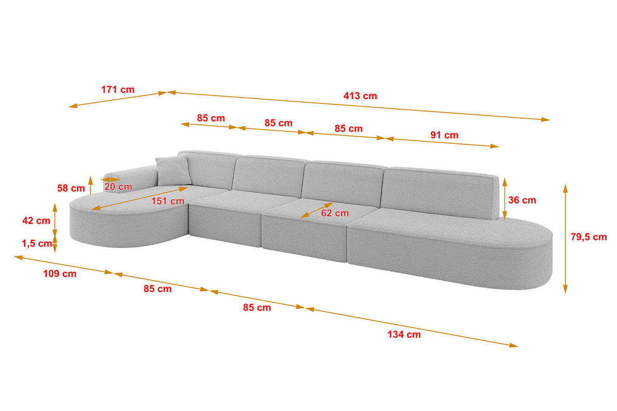ECKSOFA Ottomane Links MARI-L3 - 413x171x79 cm Hellgrau Bouclé - Hellgrau/Schwarz, Holzwerkstoff/Kunststoff (165/406cm) - ALTDECOR