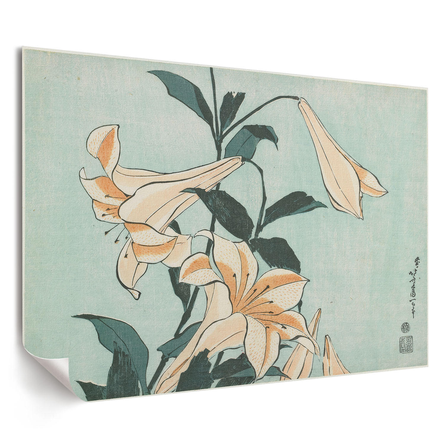POSTER - 42x29 cm (A3) - Hokusai - Lilien - Türkis, Textil (42/29.7/0.1cm) - TULUP