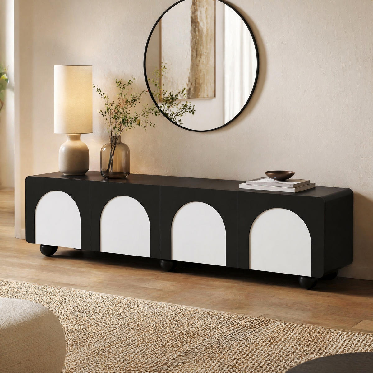 TV niska komoda 180/38/45 cm u crno-bijeloj boji s 2 vrata i 2 ladice - bijela/crna, drvni materijal/metal (180/45/38cm) - CHICFURN