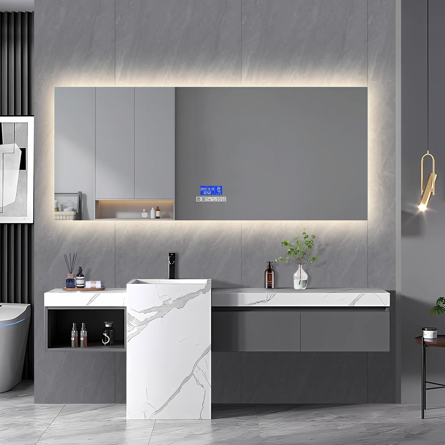 BADEZIMMERSPIEGEL mit LED, Rechteck 60 x 140 cm, Anti-Beschlag, Temperaturanzeige und 3 Anpassbare Helligkeit - Transparent, Glas (140/4/60cm)