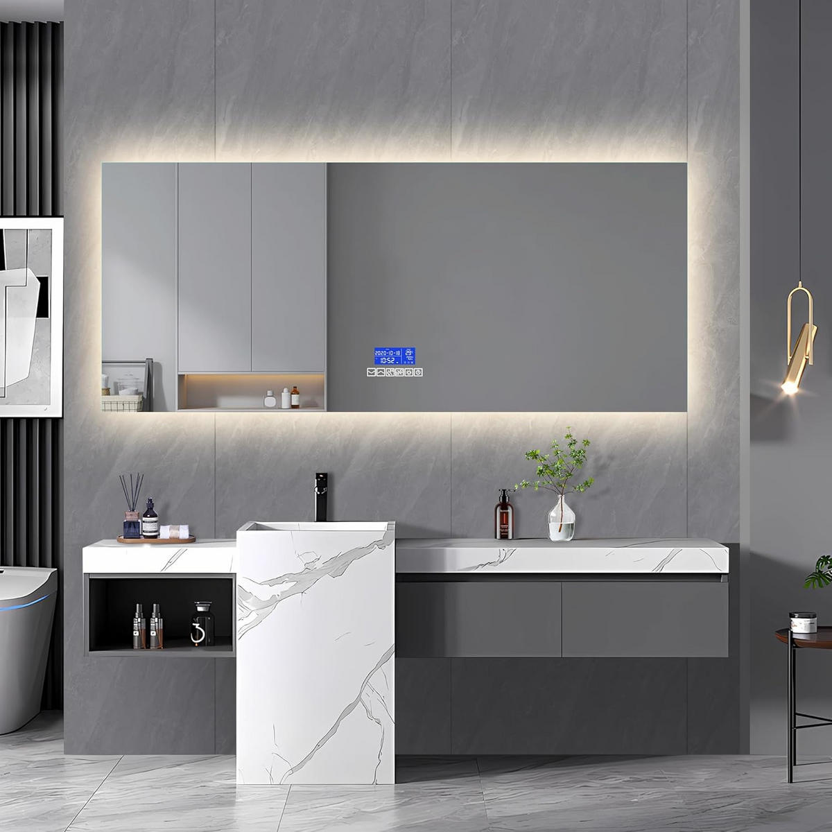 BADEZIMMERSPIEGEL mit LED, Rechteck 60 x 140 cm, Anti-Beschlag, Temperaturanzeige und 3 Anpassbare Helligkeit - Transparent, Glas (140/4/60cm)