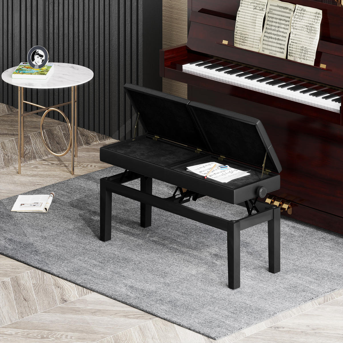 KLAVIERBANK DE-07143 verstellbarer Doppelsitz, Stauraum, bis 220 kg Schwarz - Schwarz, Holz (37/58/105cm) - ComfortXL